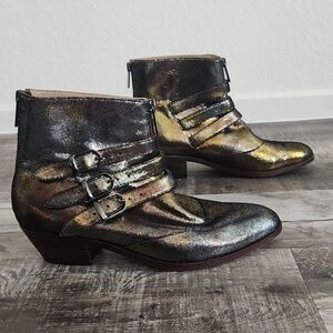 Modern Vice Iridescent Metallic Ankle Booties with Triple Buckle Detail